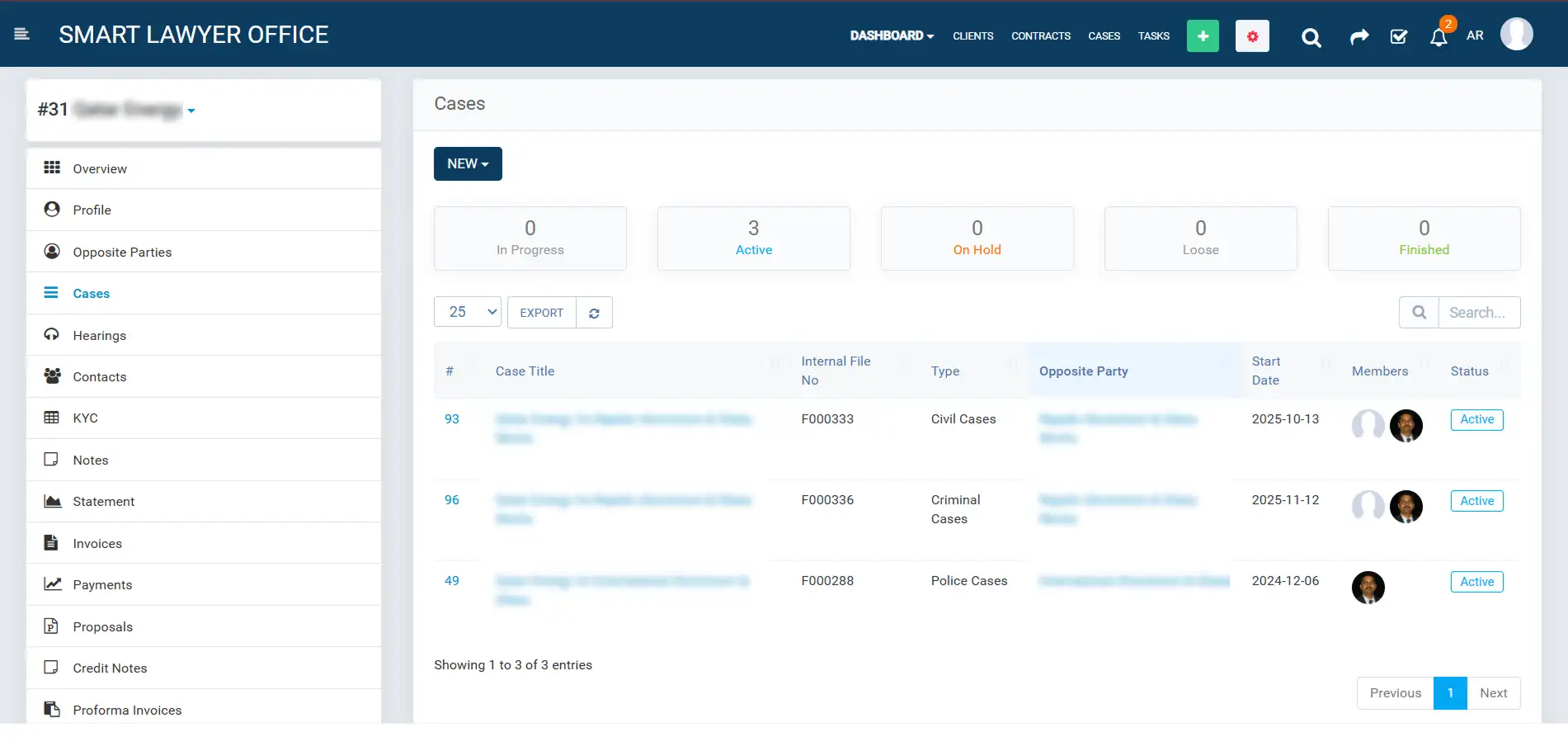 Client record linked to its related cases, correspondence and billing history in Smart Lawyer Office