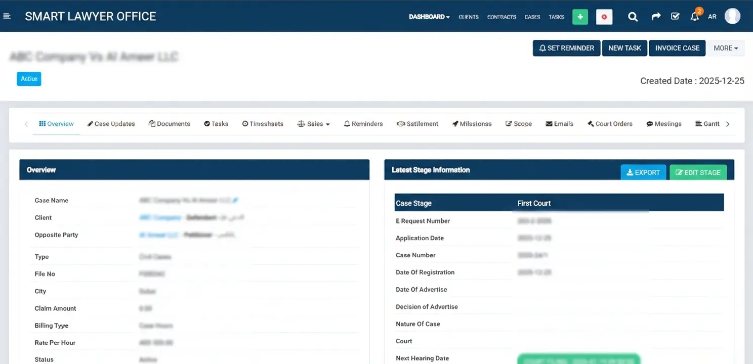 Case diary tracking hearing dates and filing deadlines across Egypt's court system