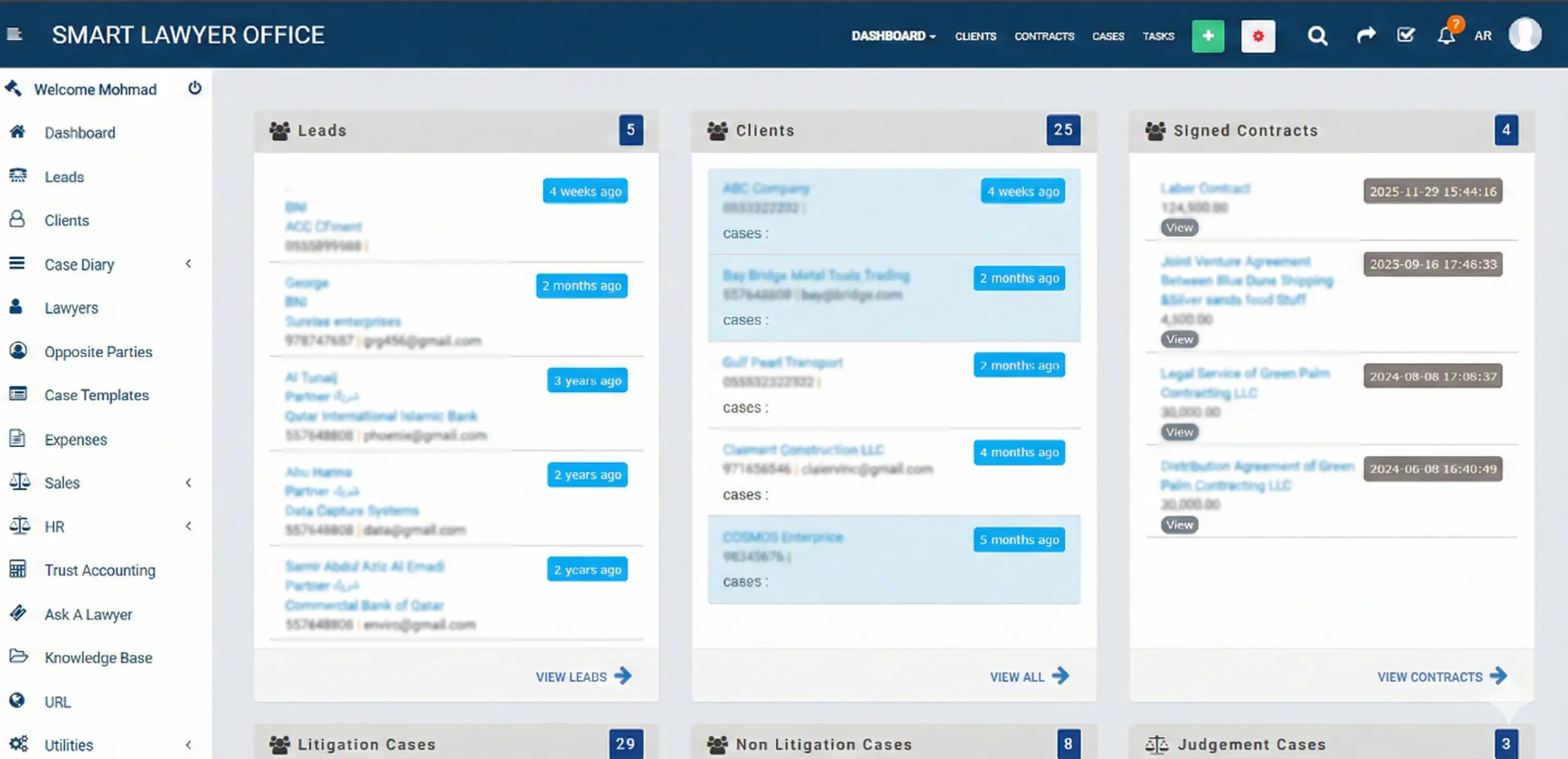 Smart Lawyer Office dashboard showing open cases and upcoming court hearings for a law firm in Egypt