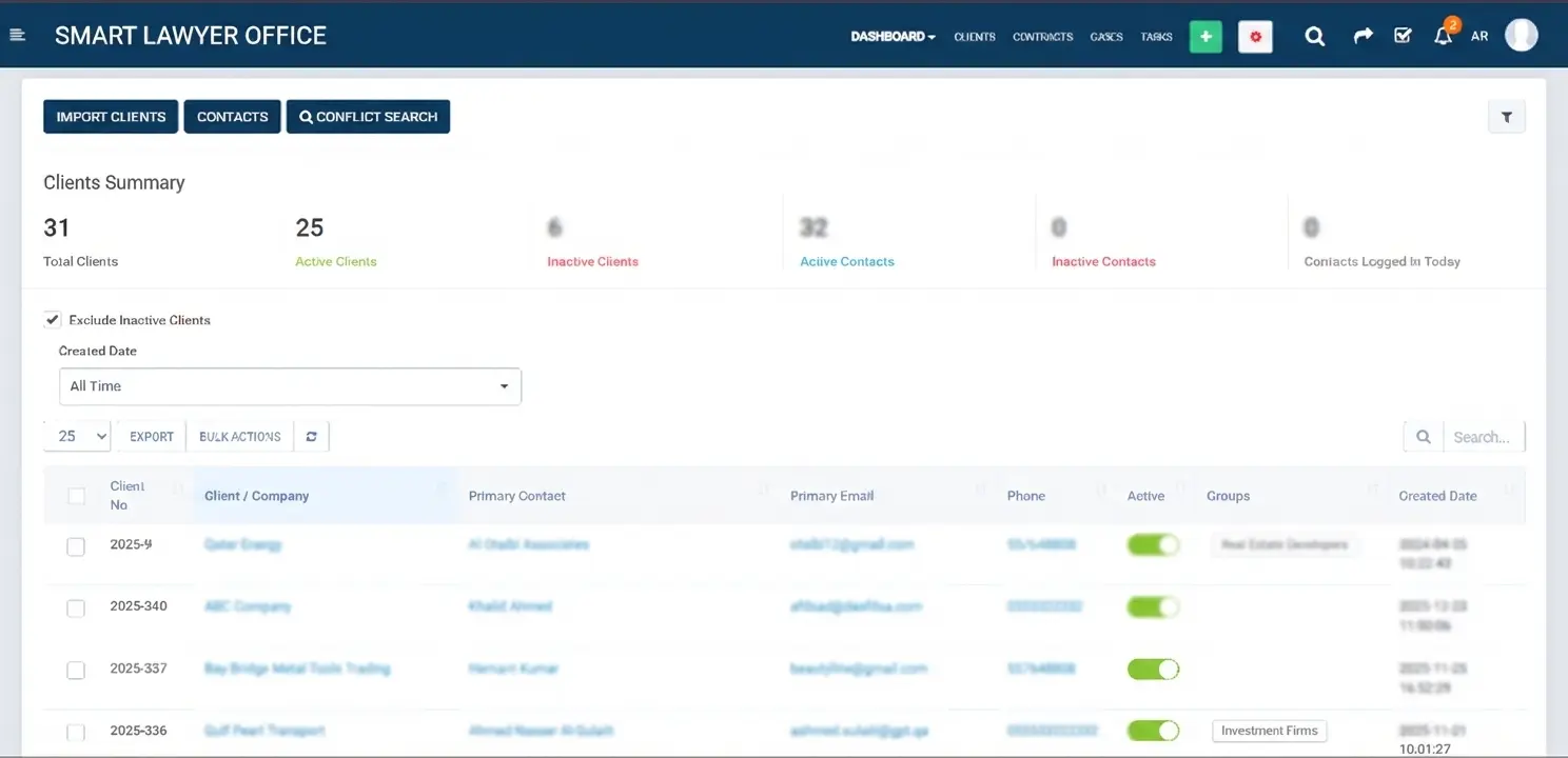 Client overview listing retained clients and their open case files for a law office in Cairo