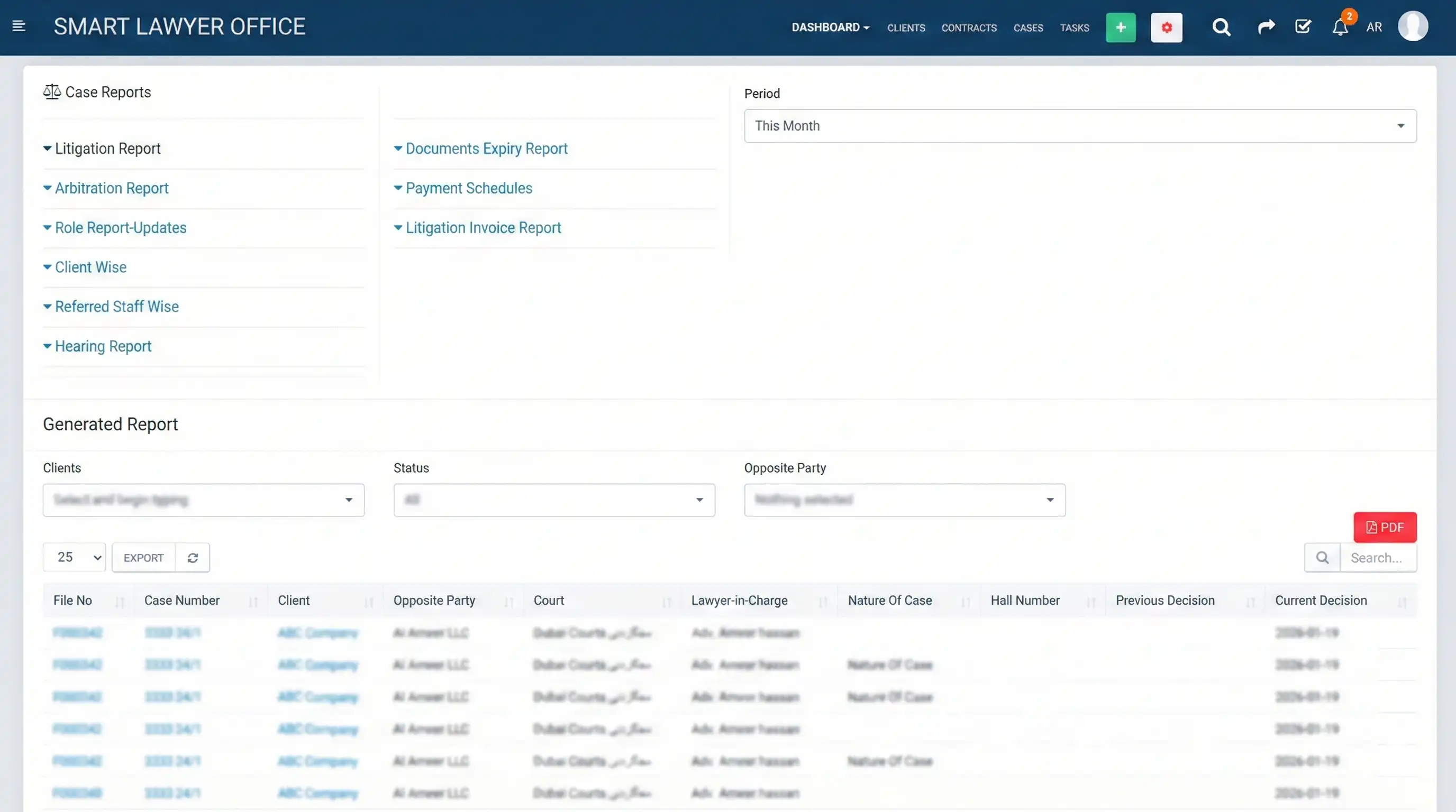 Reporting dashboard showing billable hours, case status and firm productivity for an Egyptian law firm